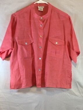 vintage neiman marcus women blouse L 100% linen pockets resort wear old money
